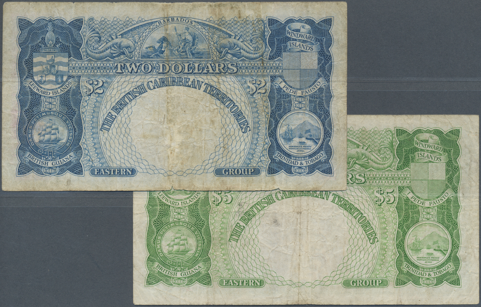 00338 British Caribbean Territories: Set Of 2 Notes Containing 2 Dollars 1950 P. 2 (VG) And 5 Dollars 1951 P. 3 (F-), Ni - Other - America