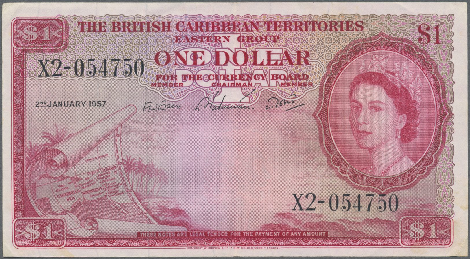 00340 British Caribbean Territories: 1 Dollar 1957 P. 7b, Center Fold, Some Light Creases In Paper, No Holes Or Tears, P - Other - America