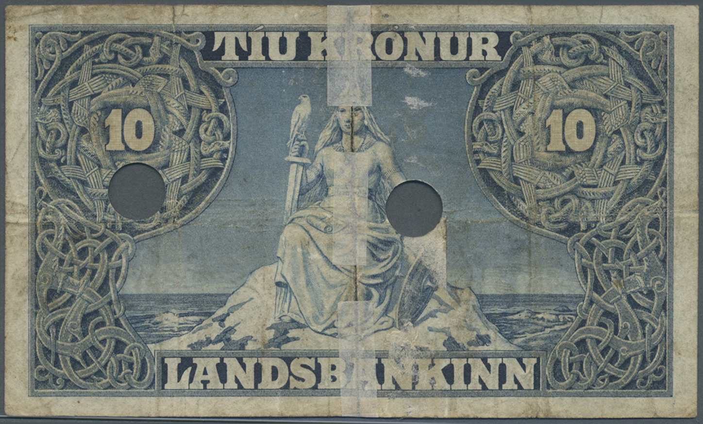01020 Iceland / Island: 10 Kroner L.1885 (1900) P. 5b, Torn An Taped On Back Side, 2 Cancellation Holes, Stained Paper, - Islanda