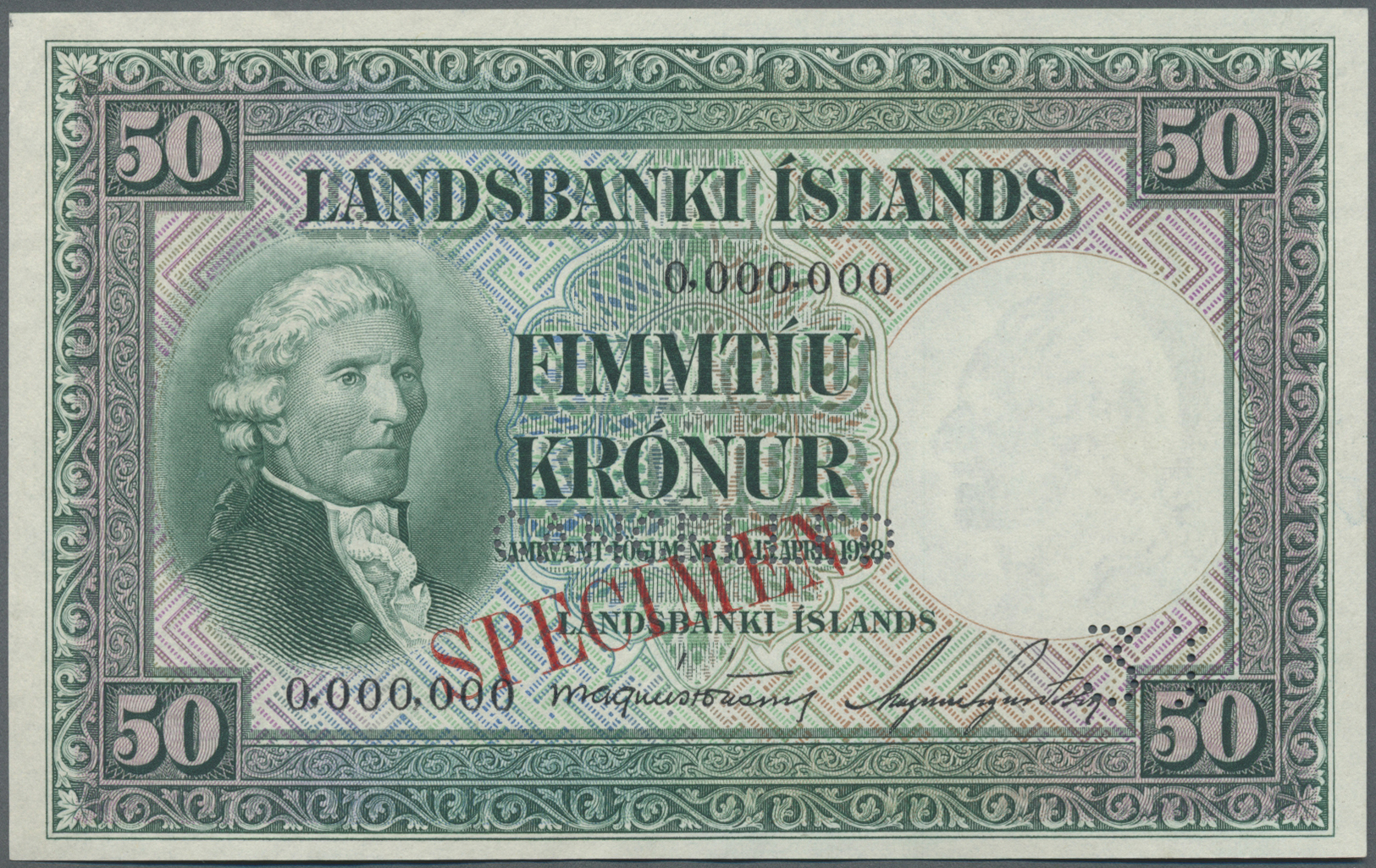 01024 Iceland / Island: 50 Kronur 1956 Specimen P. 34s, "cancelled" Perforation, Specimen Overprint, Zero Serial Numbers - Iceland