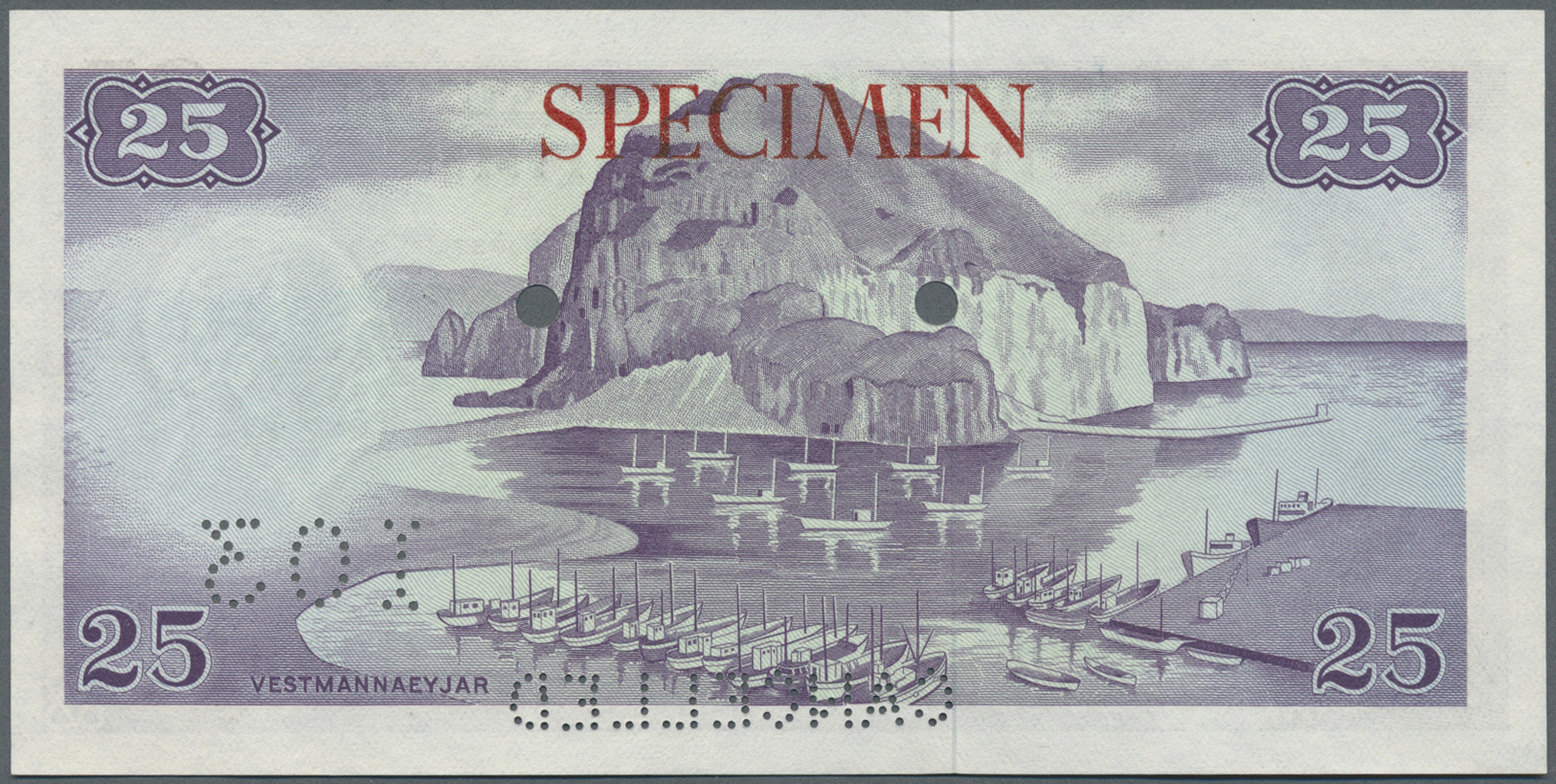 01027 Iceland / Island: 25 Kronur 1957 Specimen P. 39s, Red Specimen Overprint, Cancellation Hole, "Cancelled" Perforati - Islanda