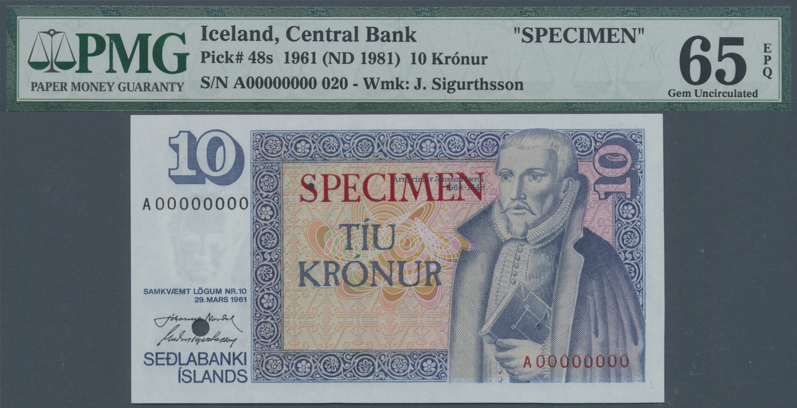 01028 Iceland / Island: 10 Kronur L.1961 (1981) SPECIMEN, P.48s, PMG Graded 65 Gem Uncirculated EPQ - Iceland