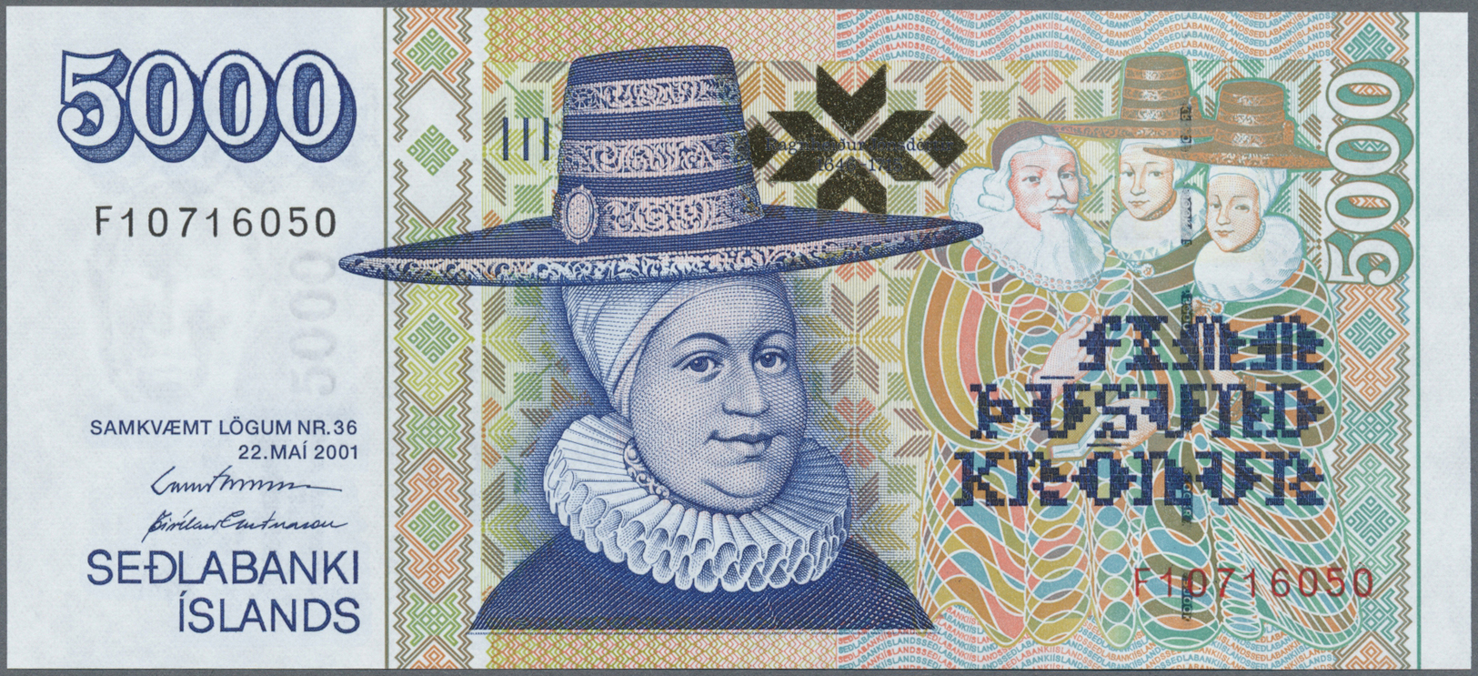 01030 Iceland / Island: 5000 Kronur 2001 P. 60 In Condition: UNC. - Iceland