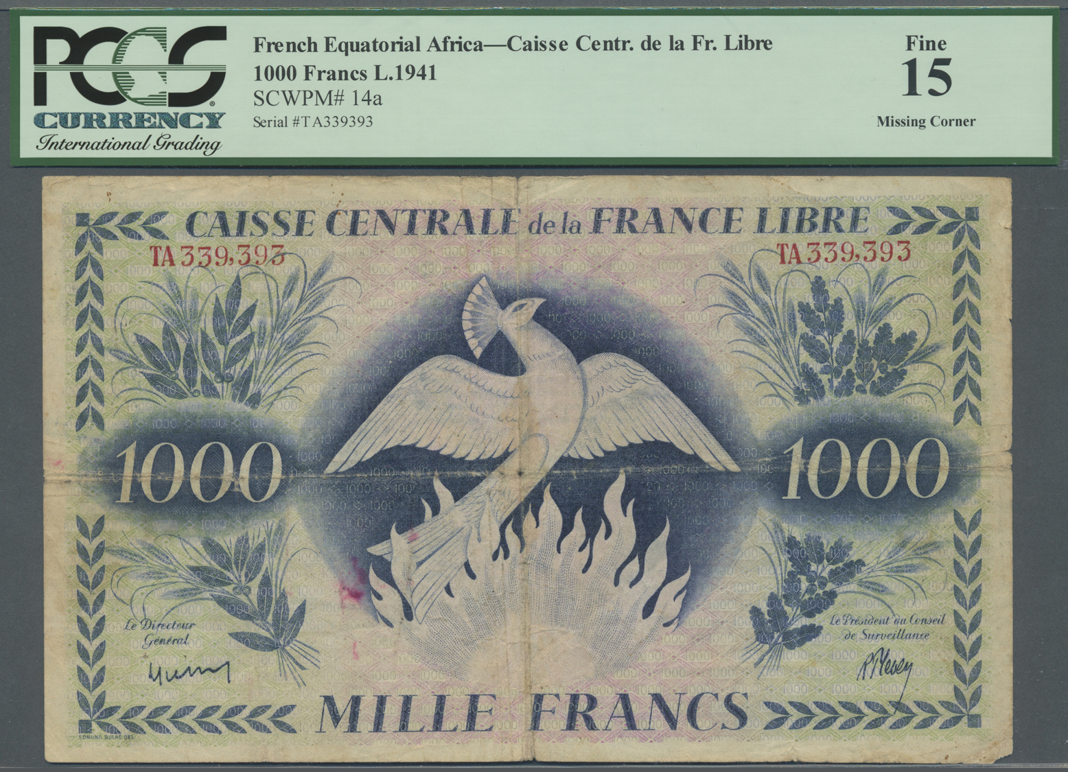 00829 French Equatorial Africa / Französisch-Äquatorialafrika: Rare 1000 Francs L.1941 P. 14a, PCGS Graded Fine 15 Missi - Equatorial Guinea