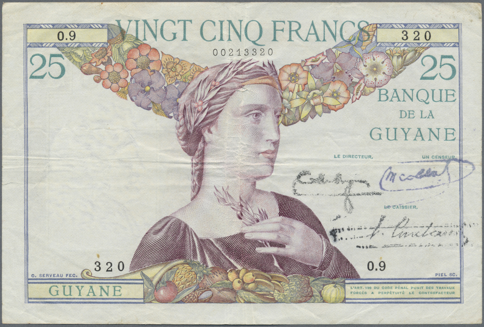 00833 French Guiana / Französisch-Guayana: 25 Francs ND P. 7, Vertical And Horizontal Folds, Creases In Paper, One Small - French Guiana