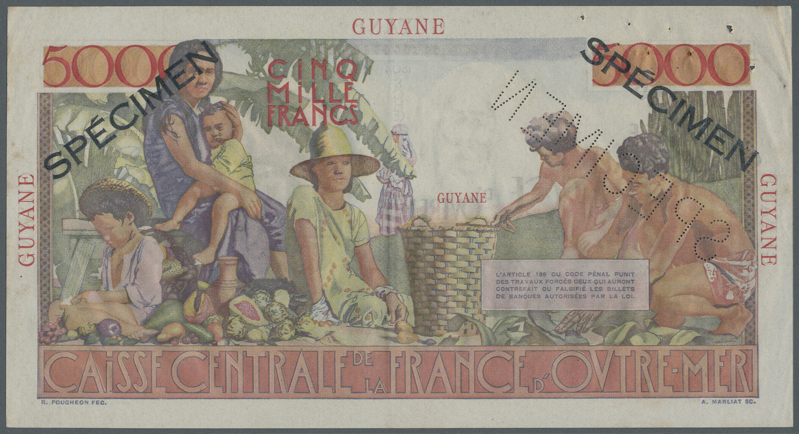 00834 French Guiana / Französisch-Guayana: 5000 Francs ND (1947-49) Specimen P. 26s. This Beautiful Larger Size Banknote - French Guiana