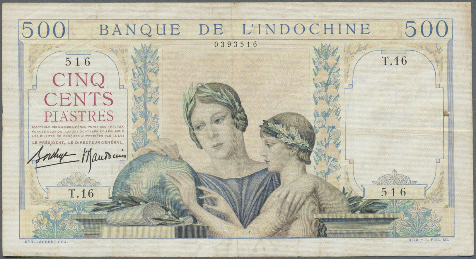 00848 French Indochina / Französisch Indochina: 500 Francs ND P. 57, Used With Several Folds, 2 Pinholes, Light Staining - Indochine