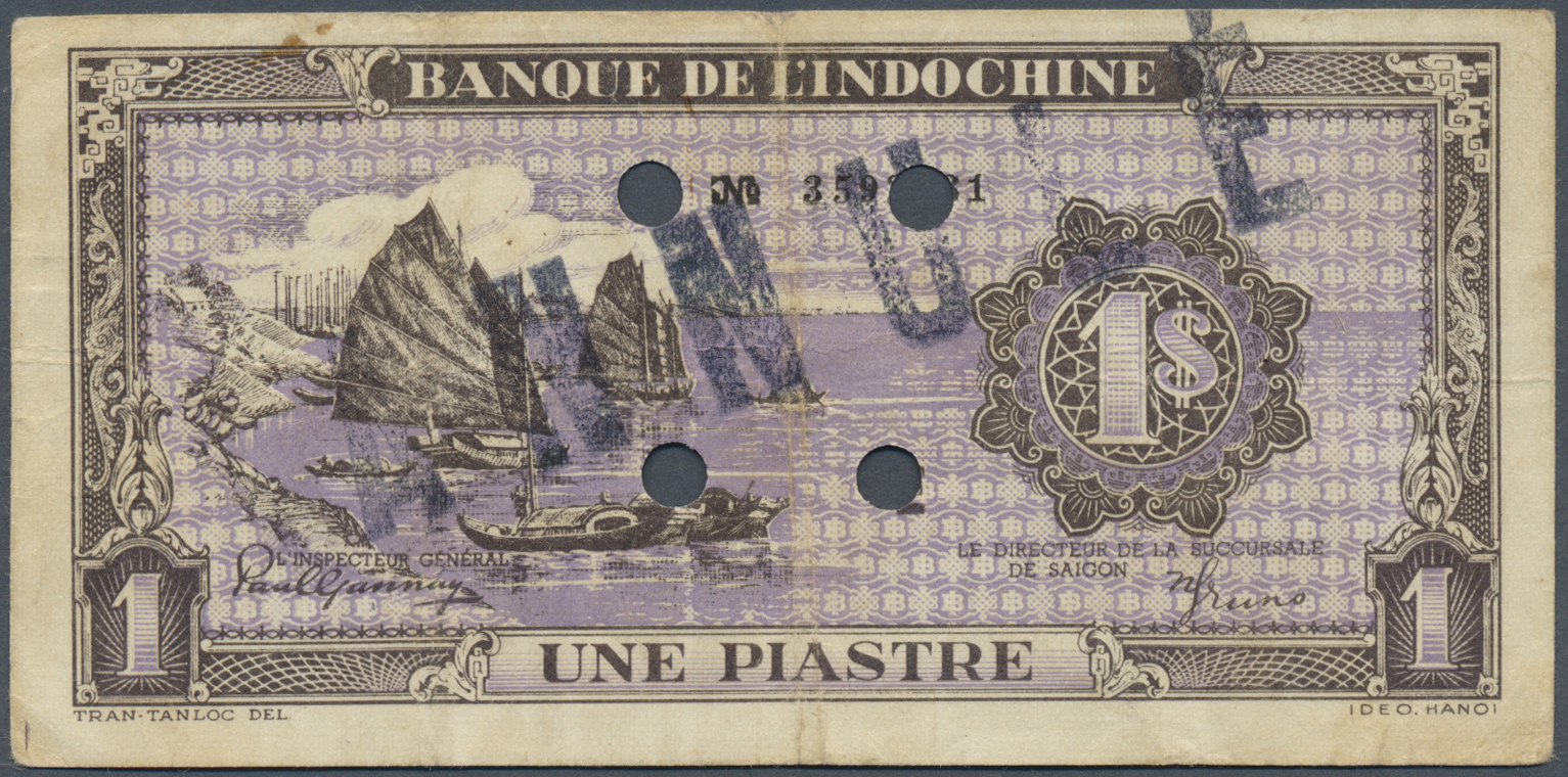 00849 French Indochina / Französisch Indochina: 1 Piastre ND(1942-45) P. 60 With 4 Cancellation Holes And Stamped "Annul - Indochina