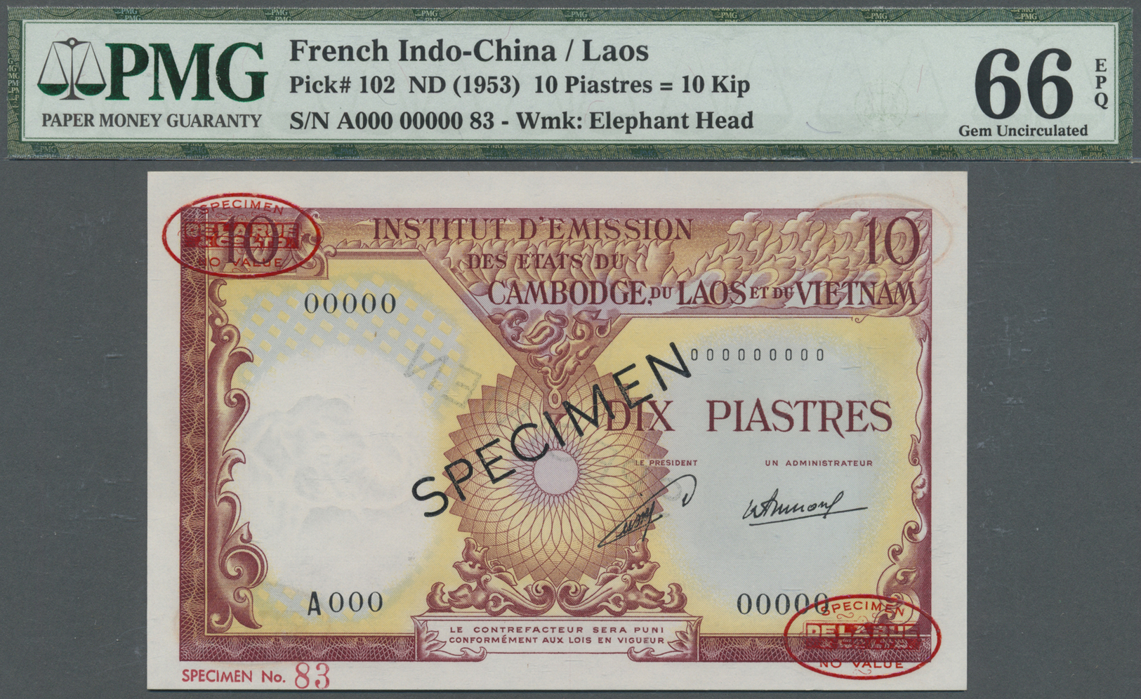 00854 French Indochina / Französisch Indochina:  Institut D'Émission Des États Du Cambodge, Du Laos Et Du Vietnam 10 Pia - Indochina