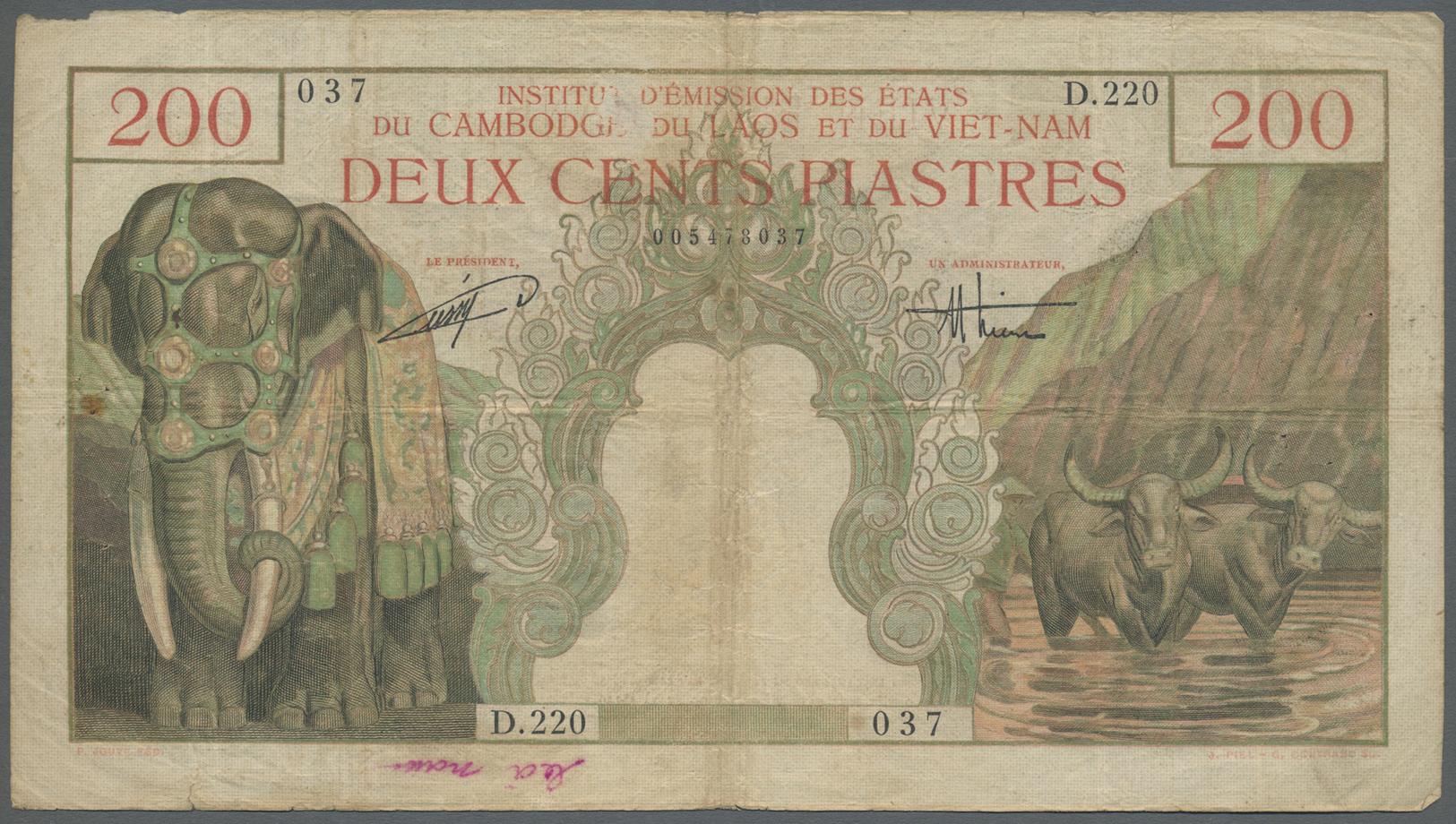 00855 French Indochina / Französisch Indochina: Set Of 2 Notes 200 Piastres ND P. 109, Both Used With Folds, One With St - Indochina