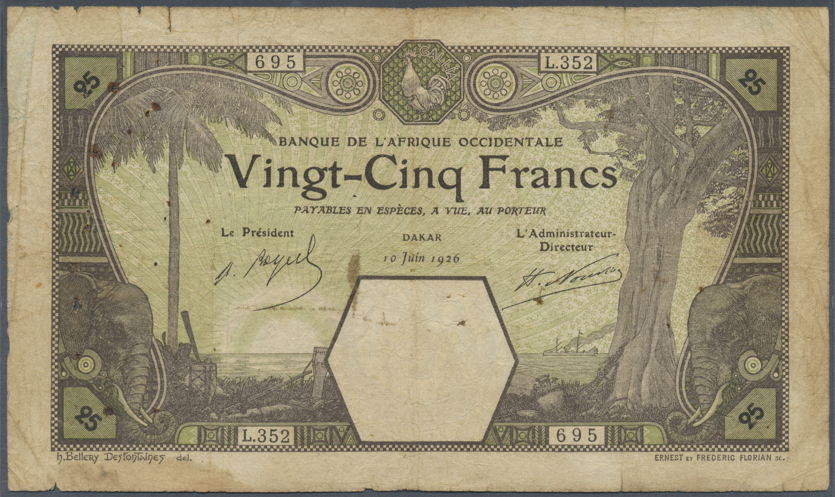 00863 French West Africa / Französisch Westafrika: 25 Francs 1926 DAKAR P. 7Bc, Used With Stained Paper, Several Small H - West African States