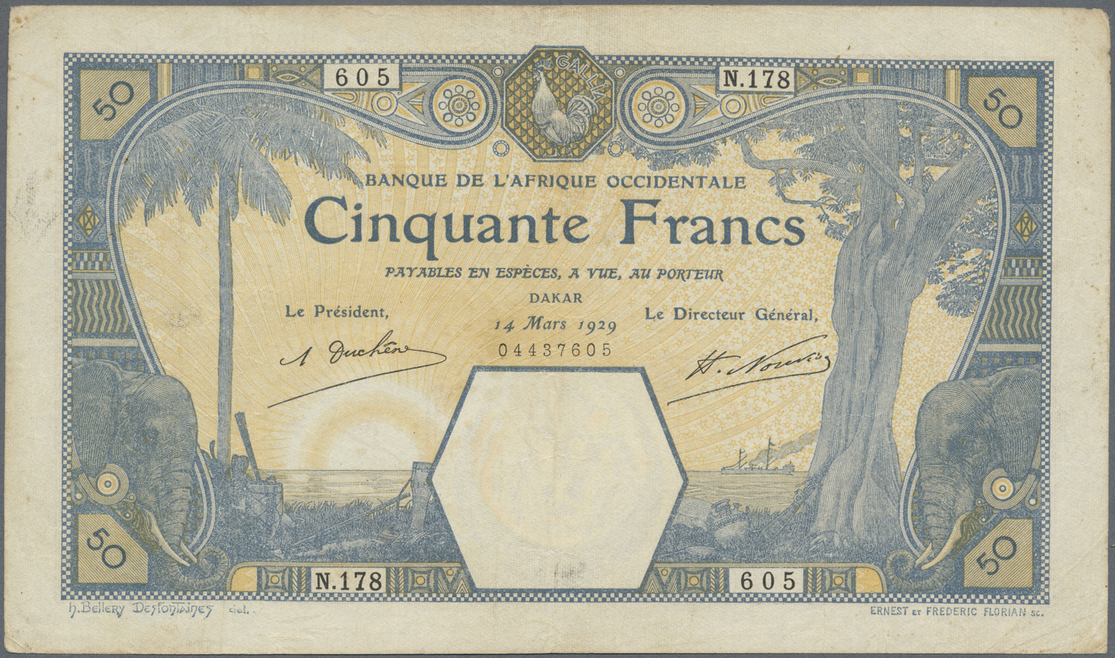 00864 French West Africa / Französisch Westafrika: 50 Francs 1929 DAKAR Issue P. 9Bb In Used Condition With Folds And Cr - West African States