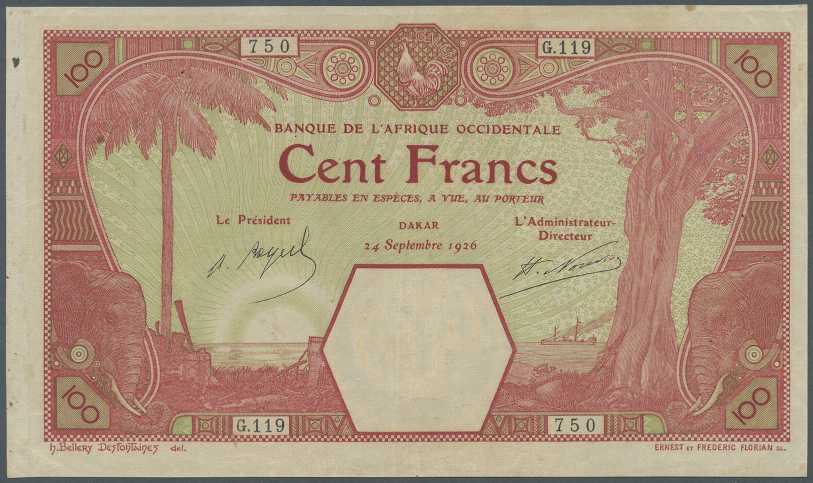 00865 French West Africa / Französisch Westafrika: 100 France 1926 P. 11Bb, Upper And Right Border Trimmed, Pinholes At - West African States