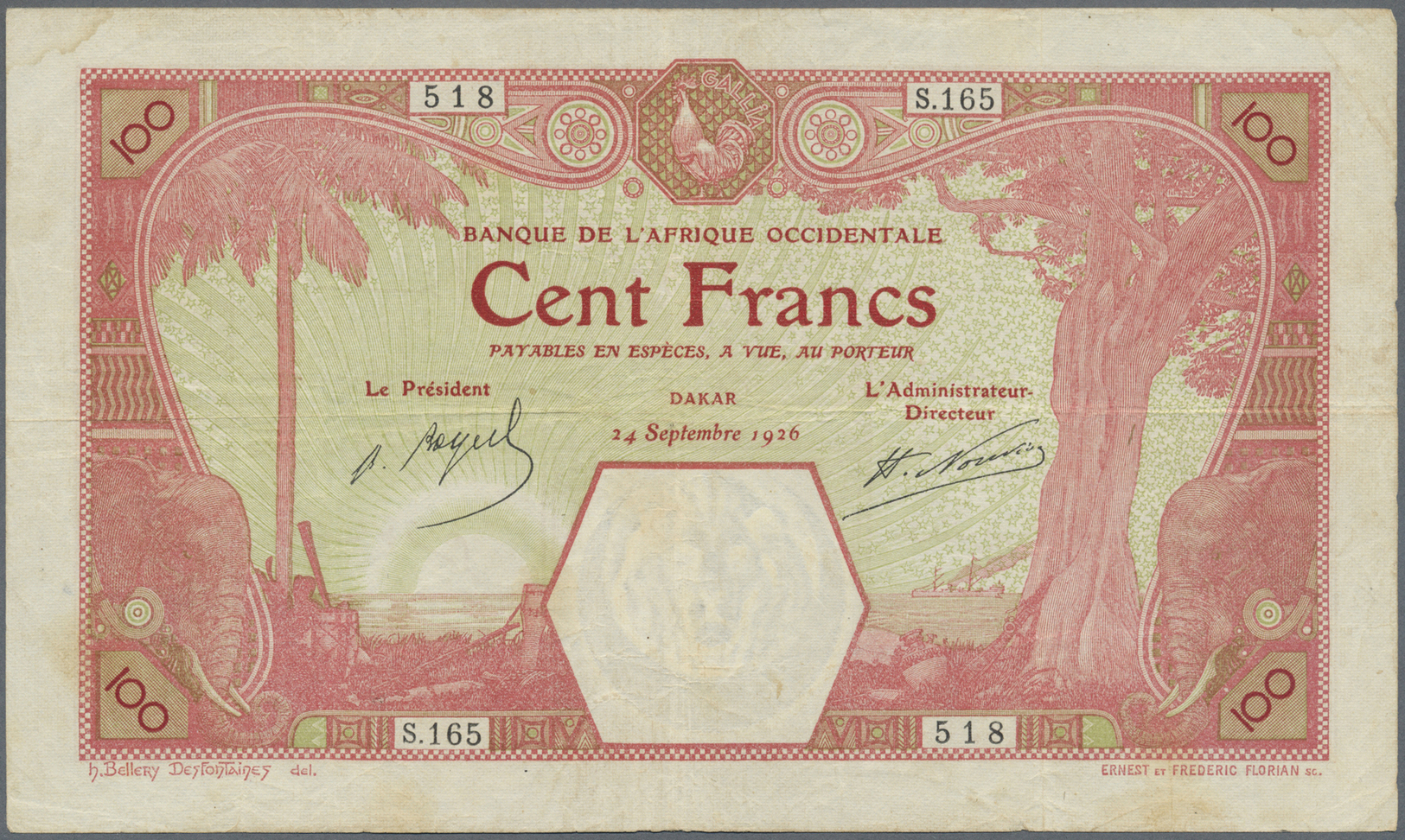 00866 French West Africa / Französisch Westafrika: 100 Francs 1926 DAKAR Issue 1926 P. 11Bb In Used Condition With Folds - West African States