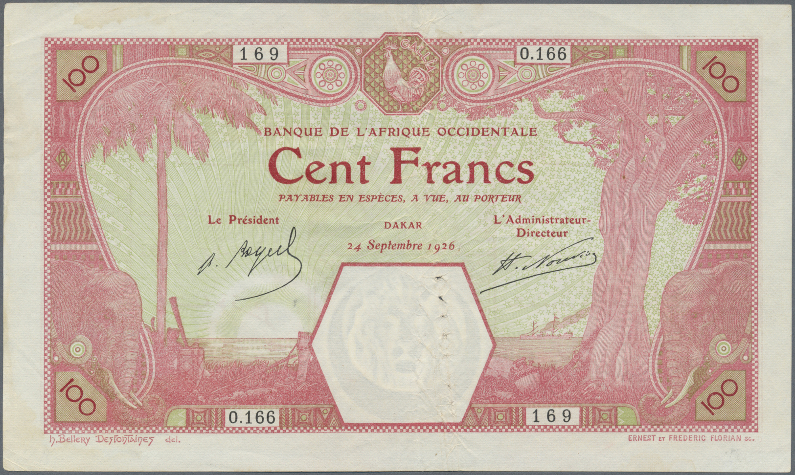 00867 French West Africa / Französisch Westafrika: 100 Francs 1926 DAKAR Issue P. 11Bb In Used Condition With Stronger C - West African States