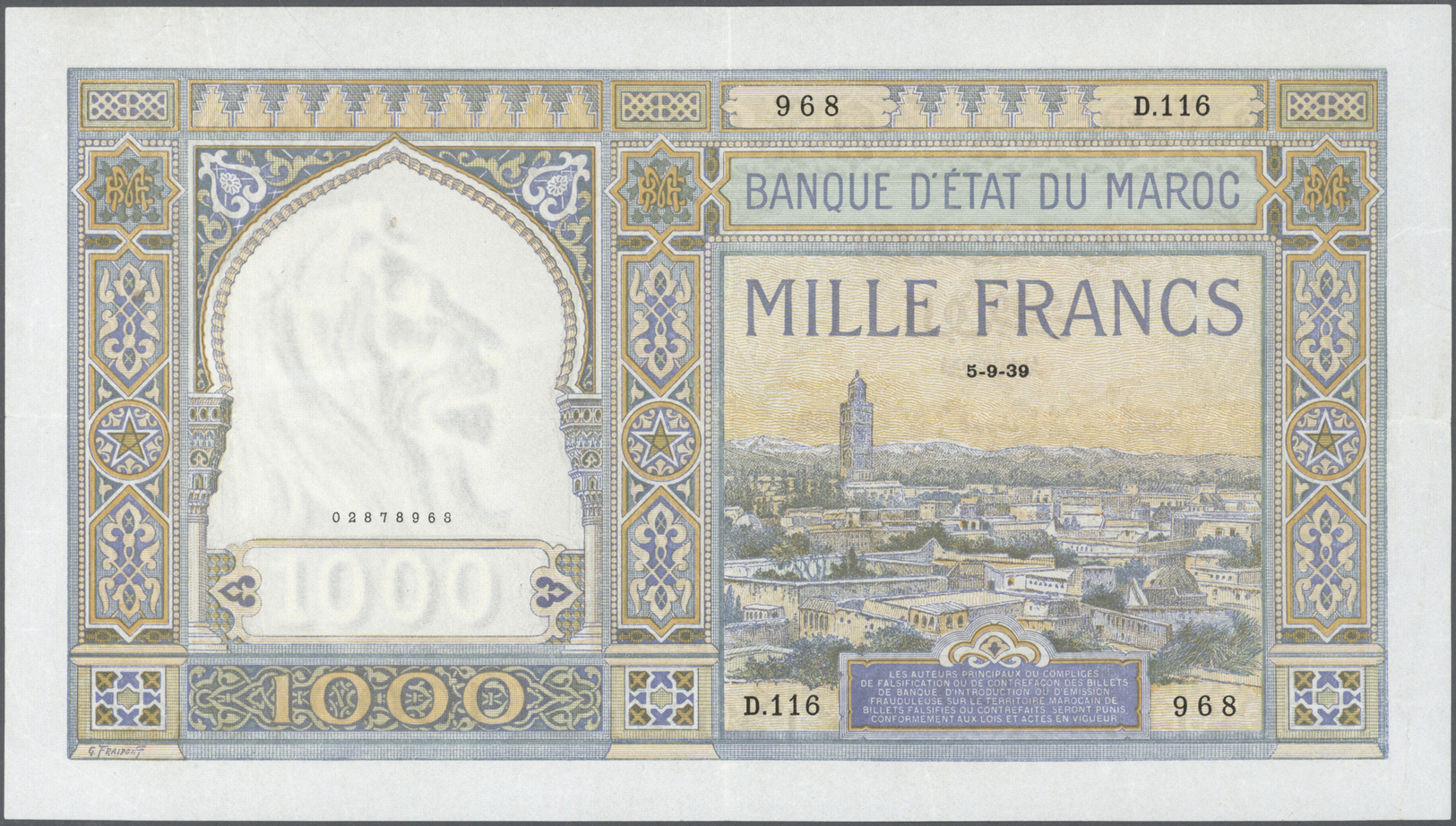 01736 Morocco / Marokko: 1000 Francs 1939 P. 16c In Exceptional Condition For This Type Of Note, Still Original Crispnes - Morocco