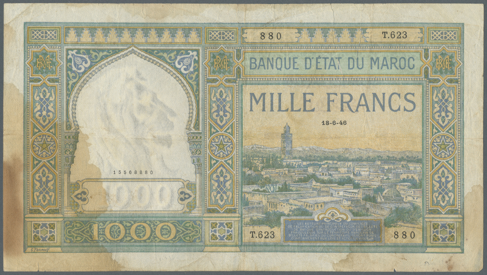 01738 Morocco / Marokko: Set Of 2 Notes 1000 Francs 1946 & 1949 P. 16c, Both Soiled At Lower Left, Folds, Stains, Minor - Morocco