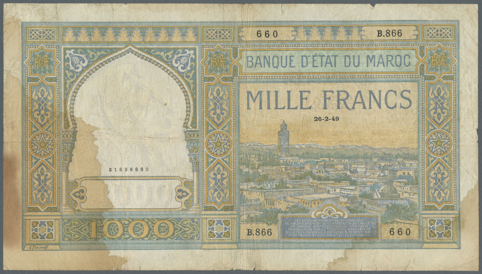 01738 Morocco / Marokko: Set Of 2 Notes 1000 Francs 1946 & 1949 P. 16c, Both Soiled At Lower Left, Folds, Stains, Minor - Morocco