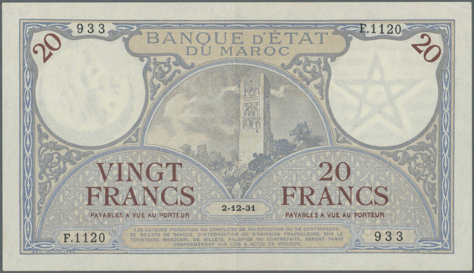 01740 Morocco / Marokko: 20 Francs 1931 P. 18a In Great Condition With Only A Light Center Fold, Light Handling In Paper - Morocco