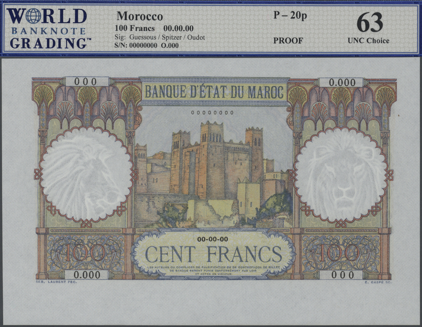 01743 Morocco / Marokko: Very Rare Specimen / Proof Print Of 100 Francs P. 20s/p With Zero Serial Numbers, Larger Border - Morocco