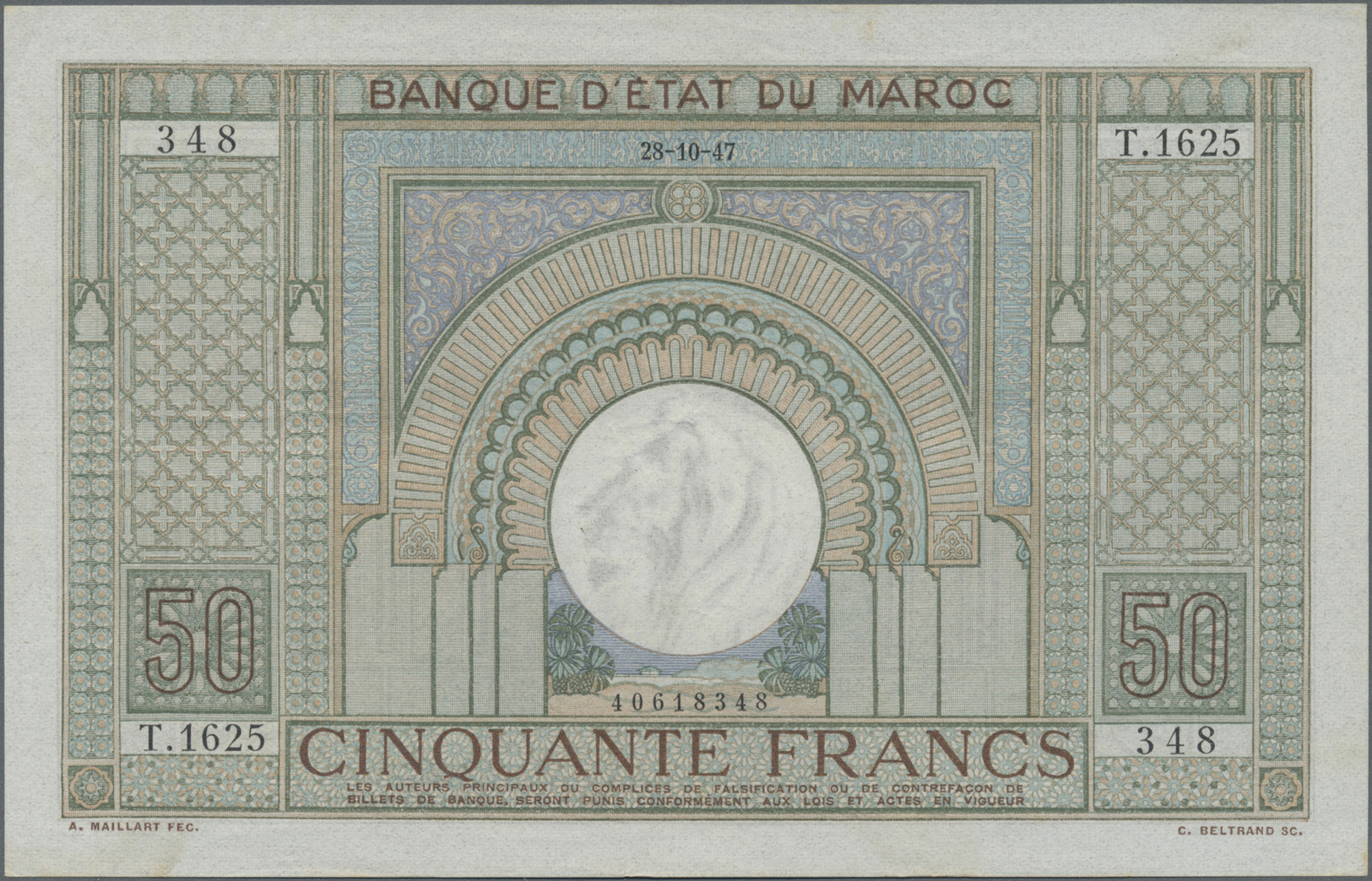 01744 Morocco / Marokko: 50 Francs 1947 P. 21, Light Folds And Handling In Paper, Not Washed Or Pressed, No Holes Or Tea - Morocco