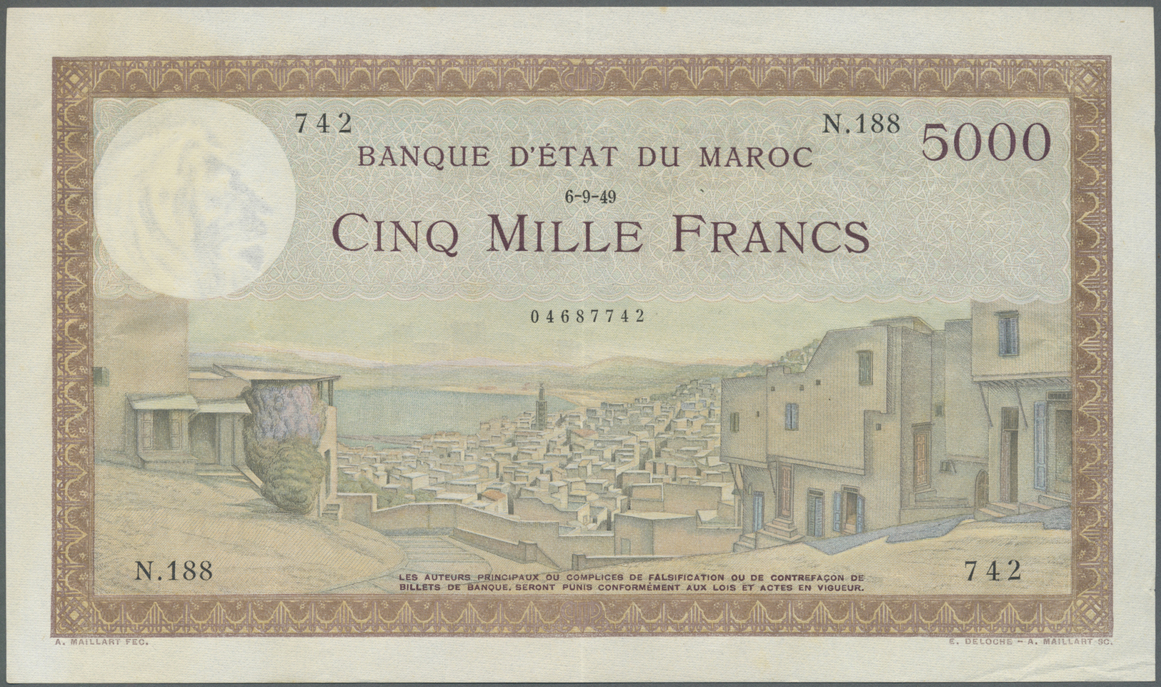 01745 Morocco / Marokko: 5000 Francs 1949 P. 23c, 3 Light Vertical Folds, Light Handling In Paper, Very Original Crisp A - Morocco