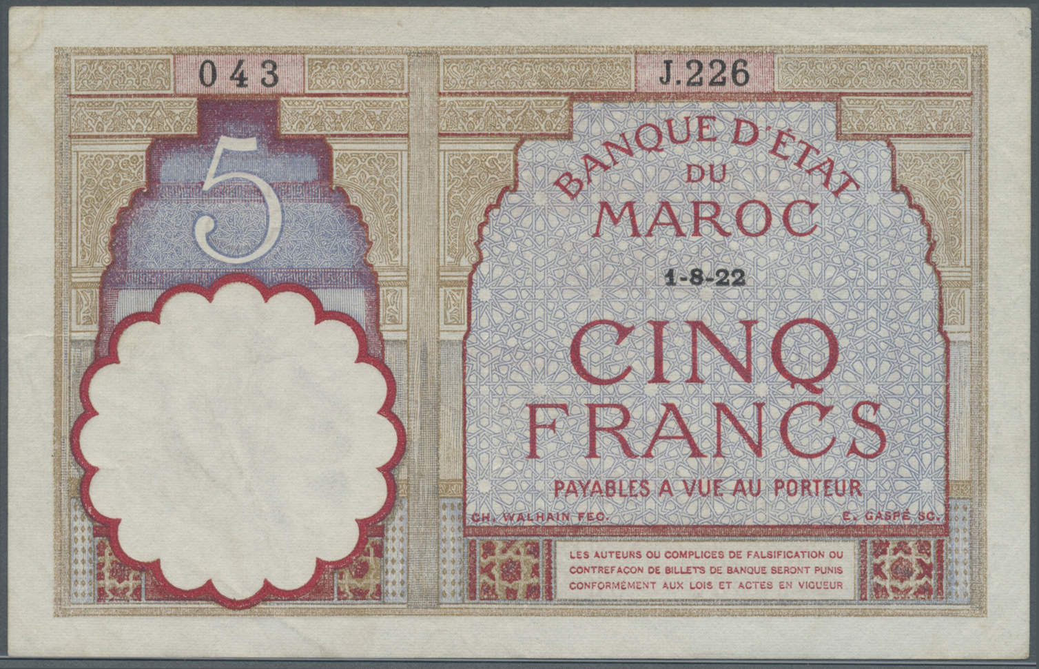 01747 Morocco / Marokko: 5 Francs 1922 P. 23Aa, Light Handling And Light Folds In Paper, No Holes Or Tears, Still Nice C - Morocco