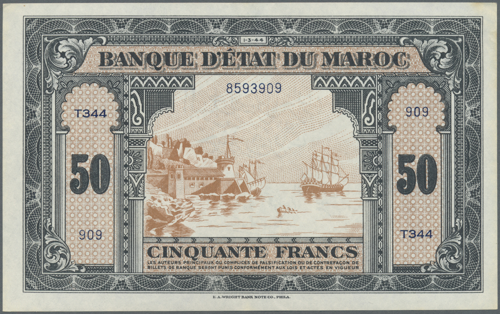 01749 Morocco / Marokko: 50 Francs 1944 P. 26 With Light Center Bend In Crisp Condition: XF+. - Morocco