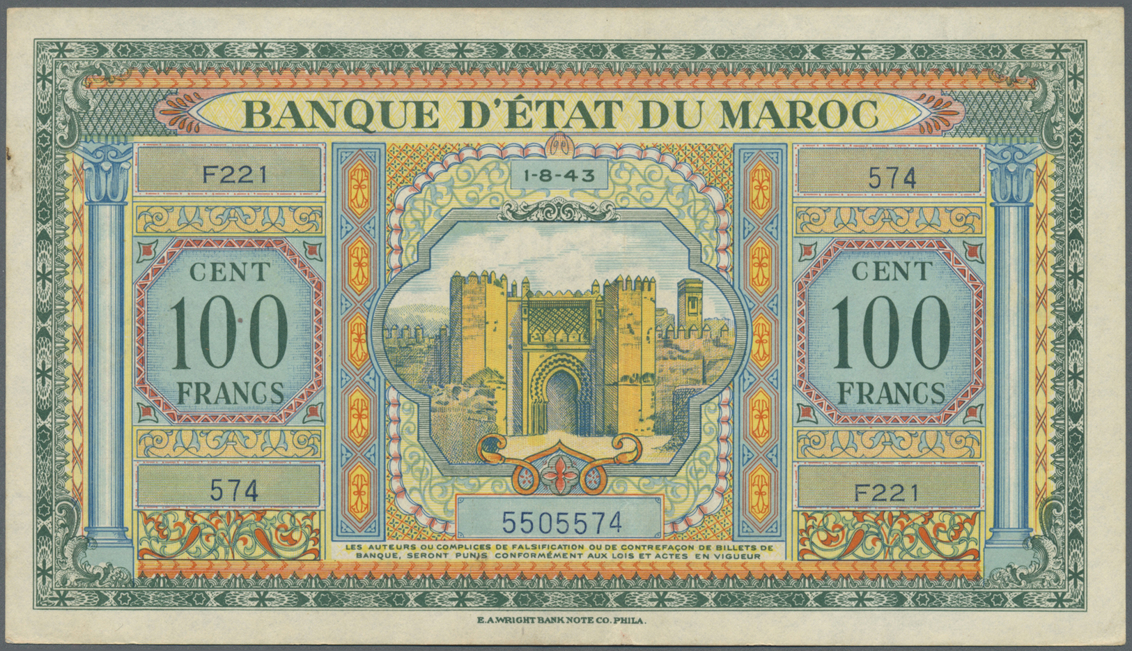 01750 Morocco / Marokko: 100 Francs 1943 P. 27 With Light Folds In Paper, No Holes Or Tears, Crisp And Bright Colors, Co - Morocco