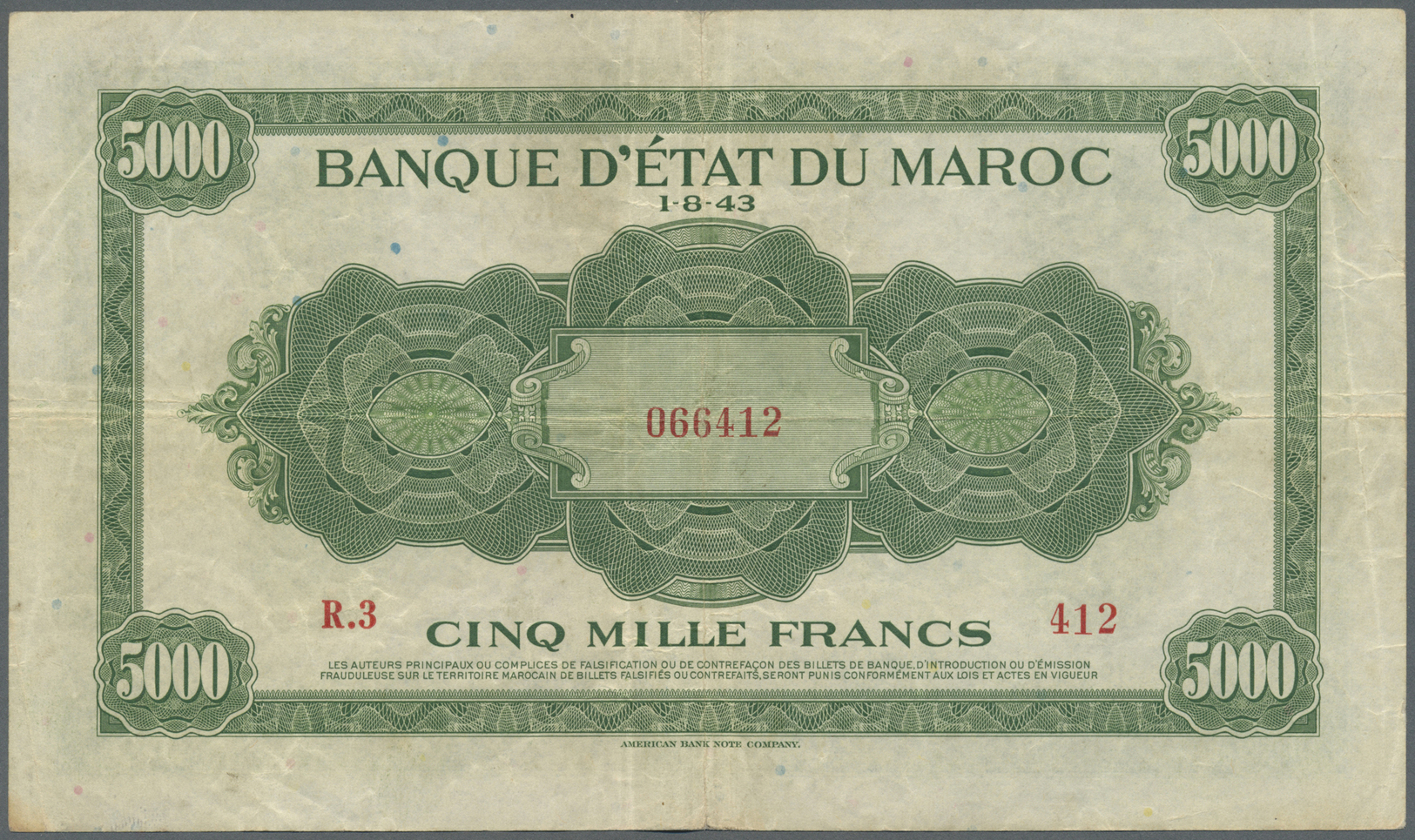 01752 Morocco / Marokko: 5000 Francs 1943 P. 32 In Normal Used Condition With Several Folds And Creases, But No Holes Or - Morocco