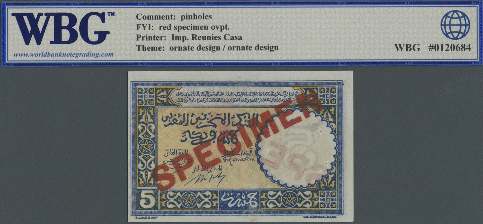 01753 Morocco / Marokko: 5 Francs 1943 Specimen P. 33s, Some Pinholes At Left, WBG Graded 61 UNC. - Marocco