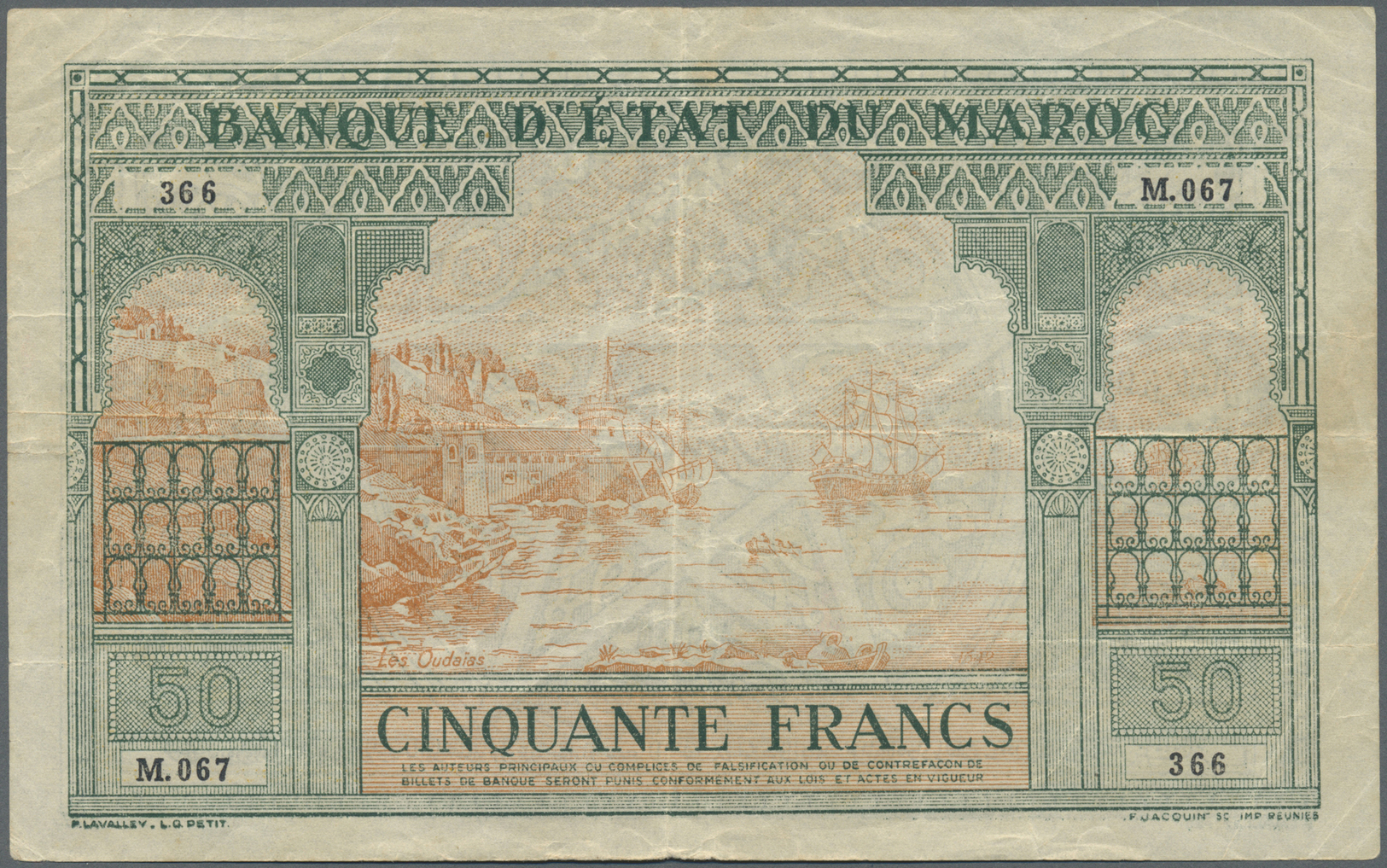 01755 Morocco / Marokko: 50 Francs 1943 P. 40 In Used Condition With Several Folds And Creases In Paper, No Holes Or Tea - Marocco