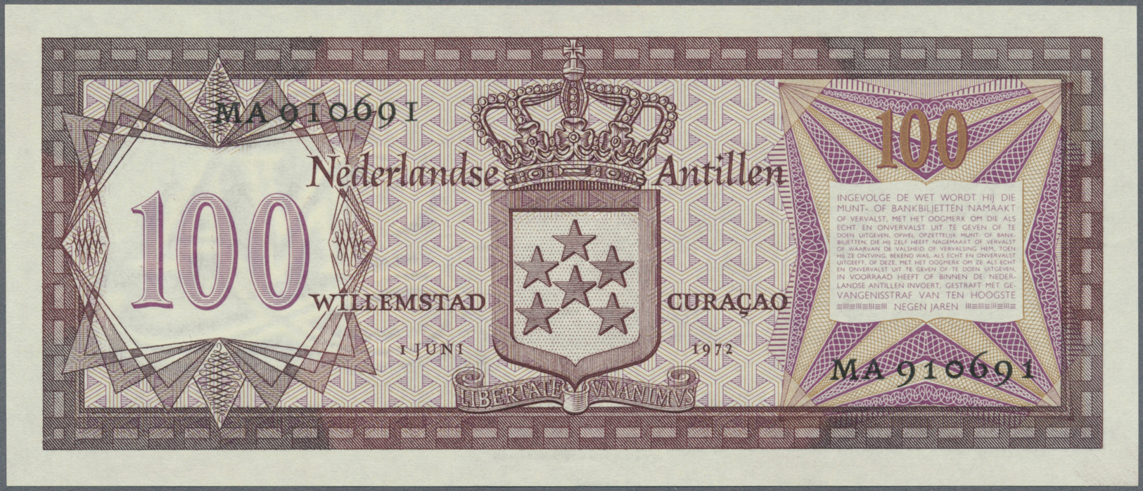 01785 Netherlands Antilles / Niederländische Antillen: 100 Gulden 1972 P. 12b, Light Center Bend, In Condition: XF+ To A - Netherlands Antilles (...-1986)