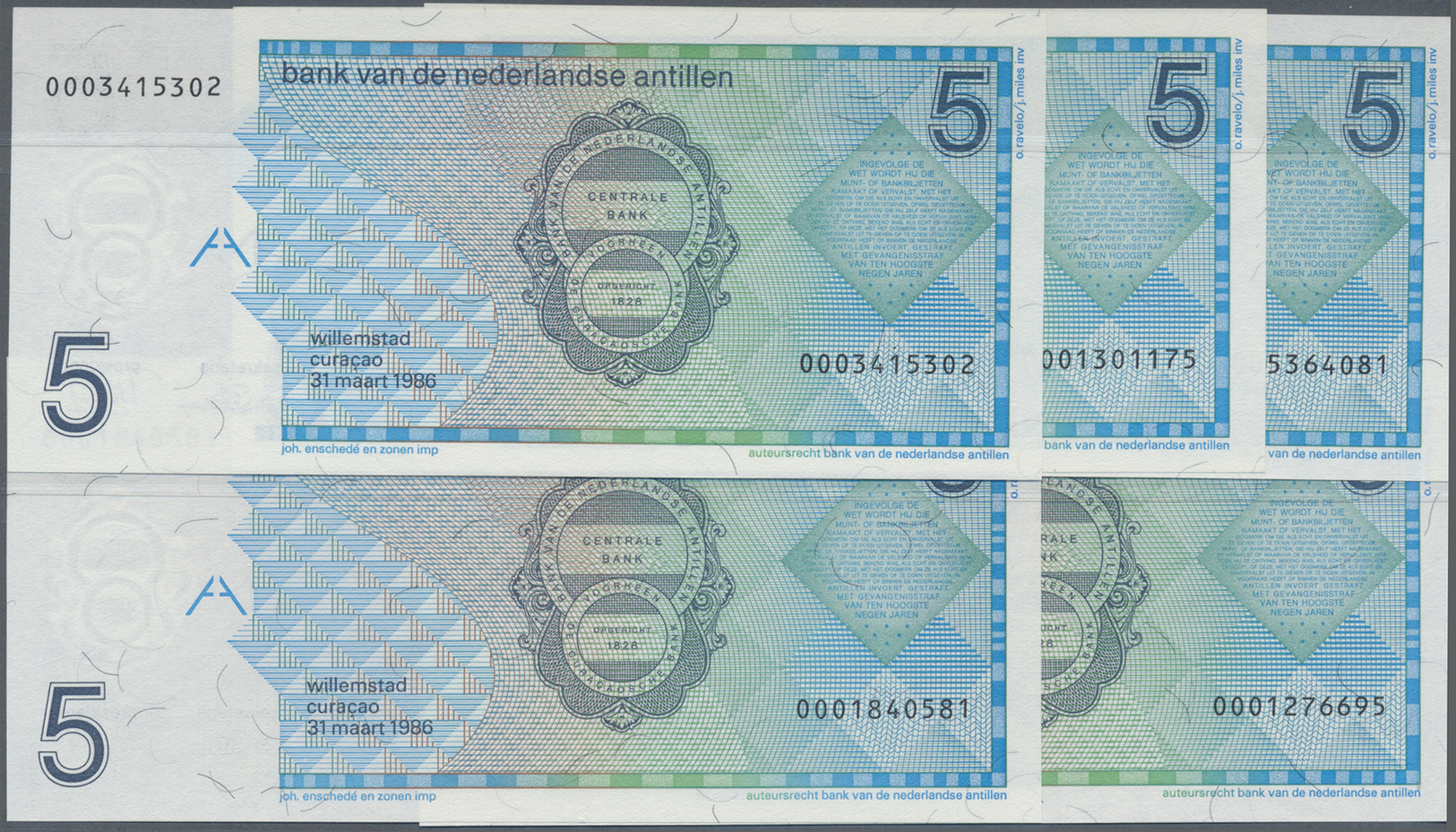 01787 Netherlands Antilles / Niederländische Antillen: Set Of 5 Notes 5 Gulden 1986 P. 22a In Condition: UNC. (5 Pcs) - Netherlands Antilles (...-1986)