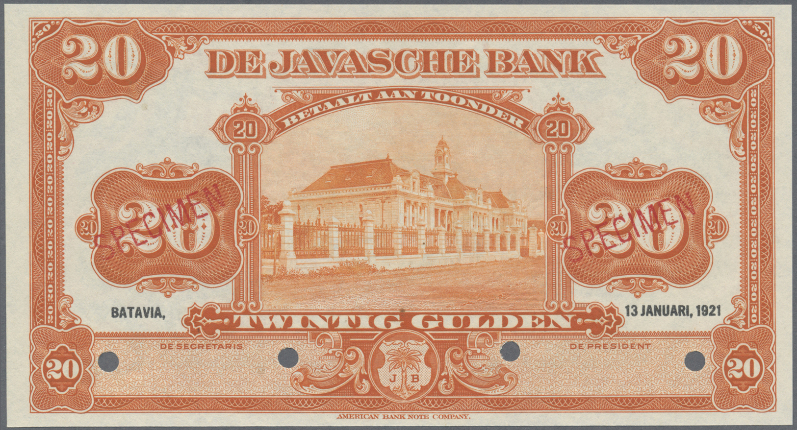 01792 Netherlands Indies / Niederländisch Indien: 20 Gulden 1921 Specimen P. 66bs In Condition: UNC. - Dutch East Indies