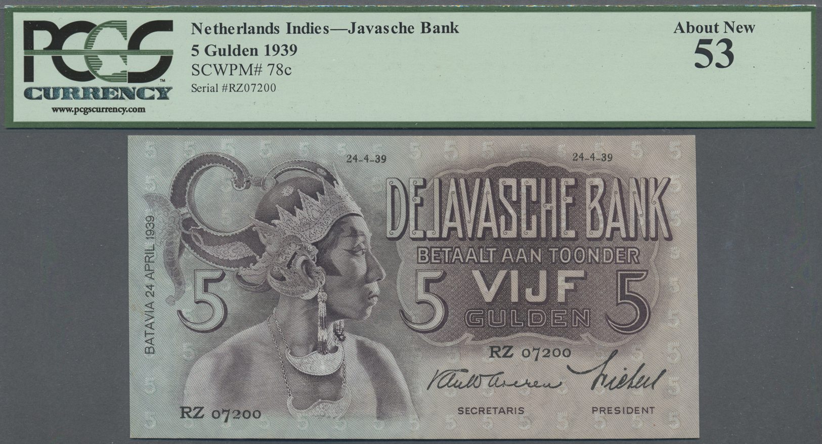 01796 Netherlands Indies / Niederländisch Indien: 5 Gulden 1939 P. 78c, PCGS Graded 53 About New. - Dutch East Indies