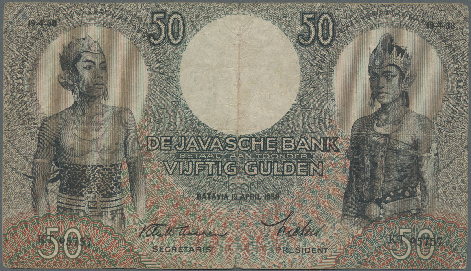 01799 Netherlands Indies / Niederländisch Indien:  Javasche Bank 50 Gulden April 19th 1938, P.50, Vertically Folded With - Dutch East Indies