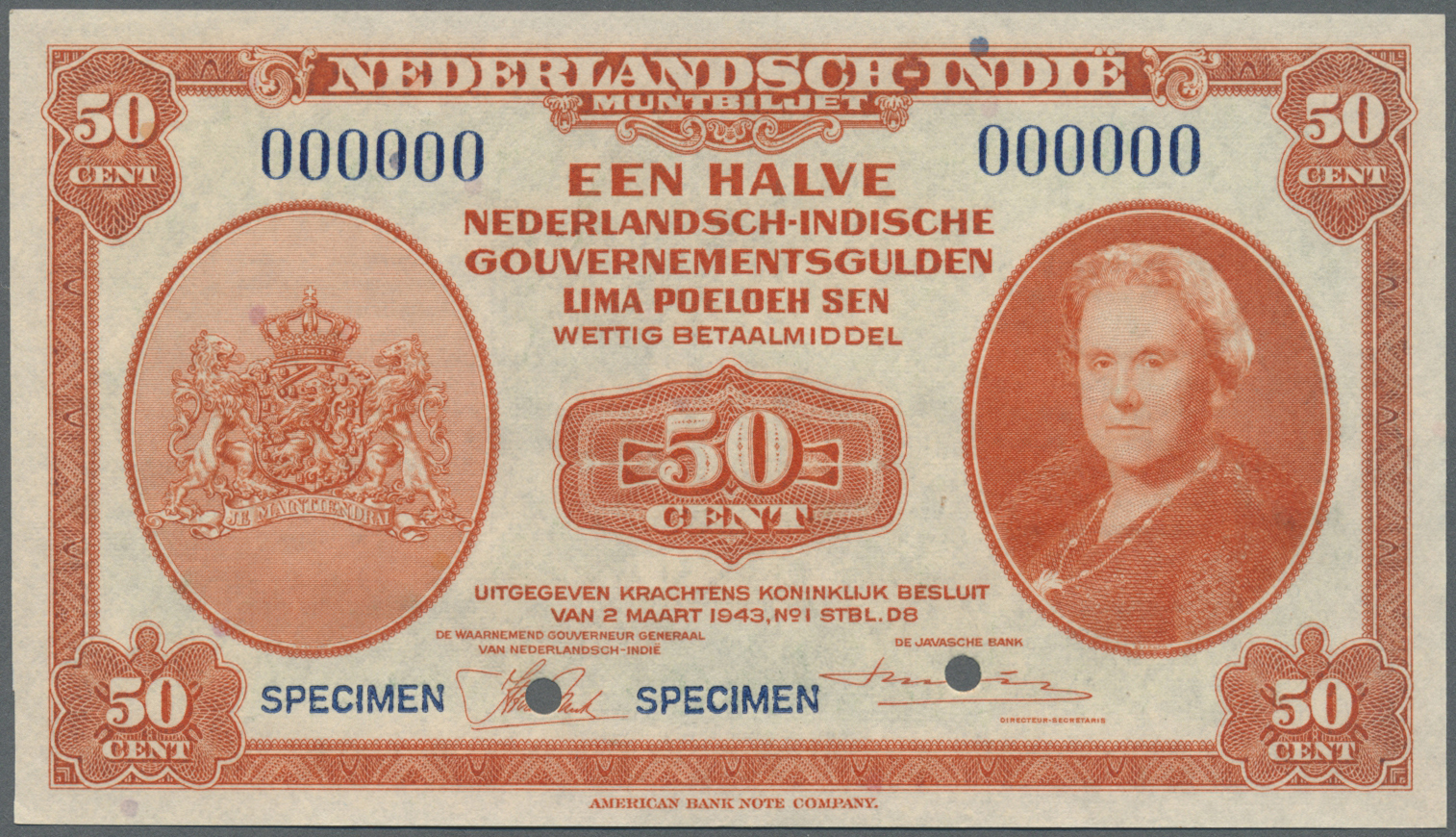 01800 Netherlands Indies / Niederländisch Indien: Ministry Of Finance / Javasche Bank 50 Cent L.02.03.1943 SPECIMEN, P.1 - Dutch East Indies