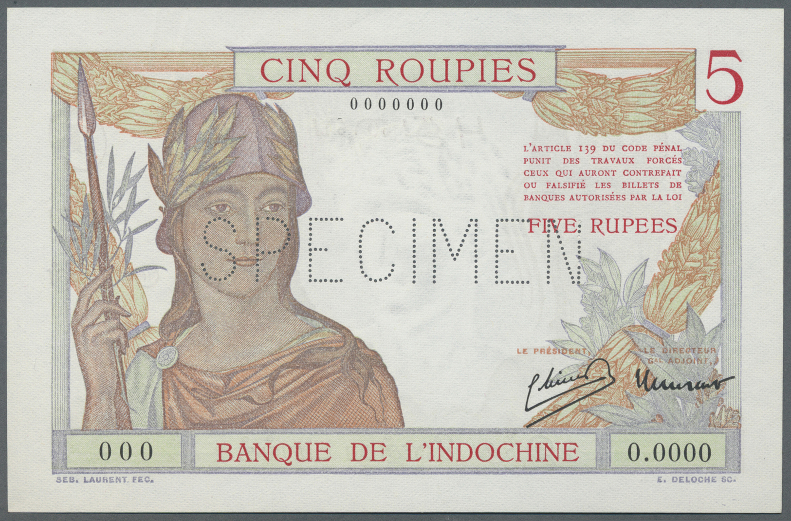 00838 French India / Französisch Indien: 5 Roupies ND(1937-46) Specimen P. 5bs, With Specimen Perforation, Zero Serial N - India