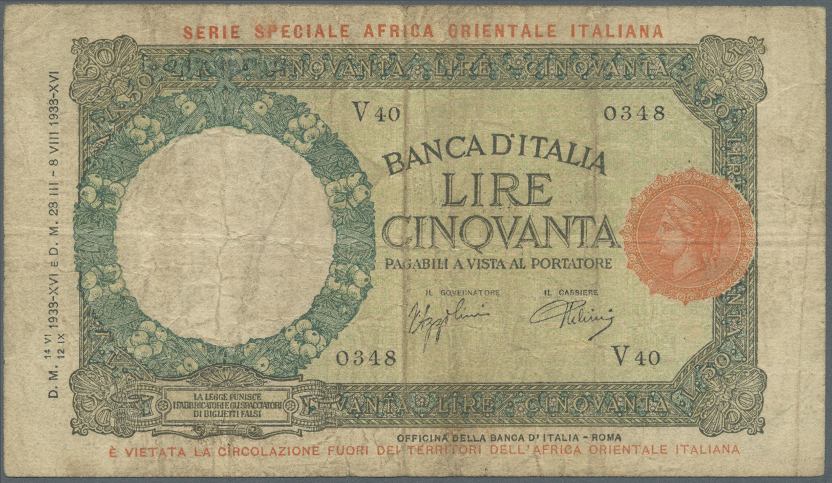 01255 Italian East Africa / Italienisch Ost-Afrika: 50 Lire 1938 P. 1a, Stronger Used With Folds And Stain, The Front An - Italian East Africa