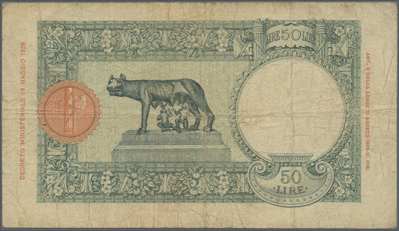 01255 Italian East Africa / Italienisch Ost-Afrika: 50 Lire 1938 P. 1a, Stronger Used With Folds And Stain, The Front An - Italian East Africa
