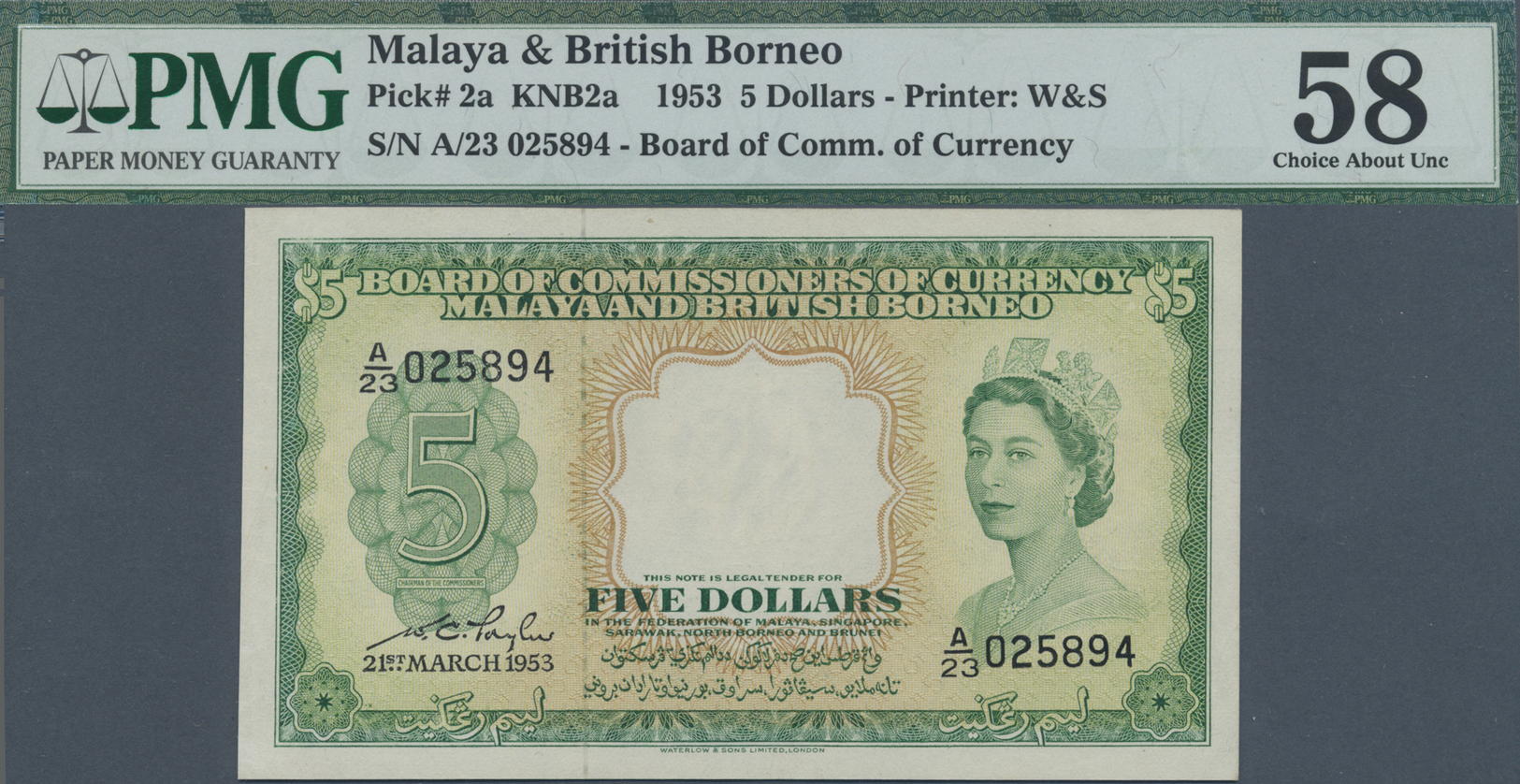 01637 Malaya & British Borneo: 5 Dollars 1953 P. 2a In Condition: PMG Graded 58 Choice About UNC. - Malaysia