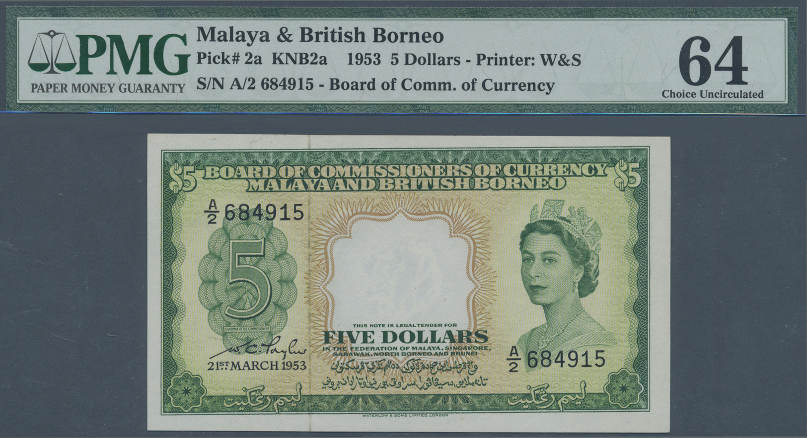 01638 Malaya & British Borneo: 5 Dollars 1953 P. 2a, PMG Graded 64 Choice Uncirculated. - Malaysia