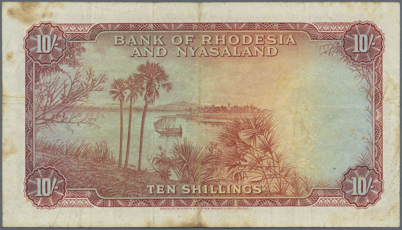 02027 Rhodesia & Nyasaland: 10 Shillings 1961 P. 20, Used With Folds And Stain In Paper, 2 Pinholes, No Tears, Still Nic - Rhodesia