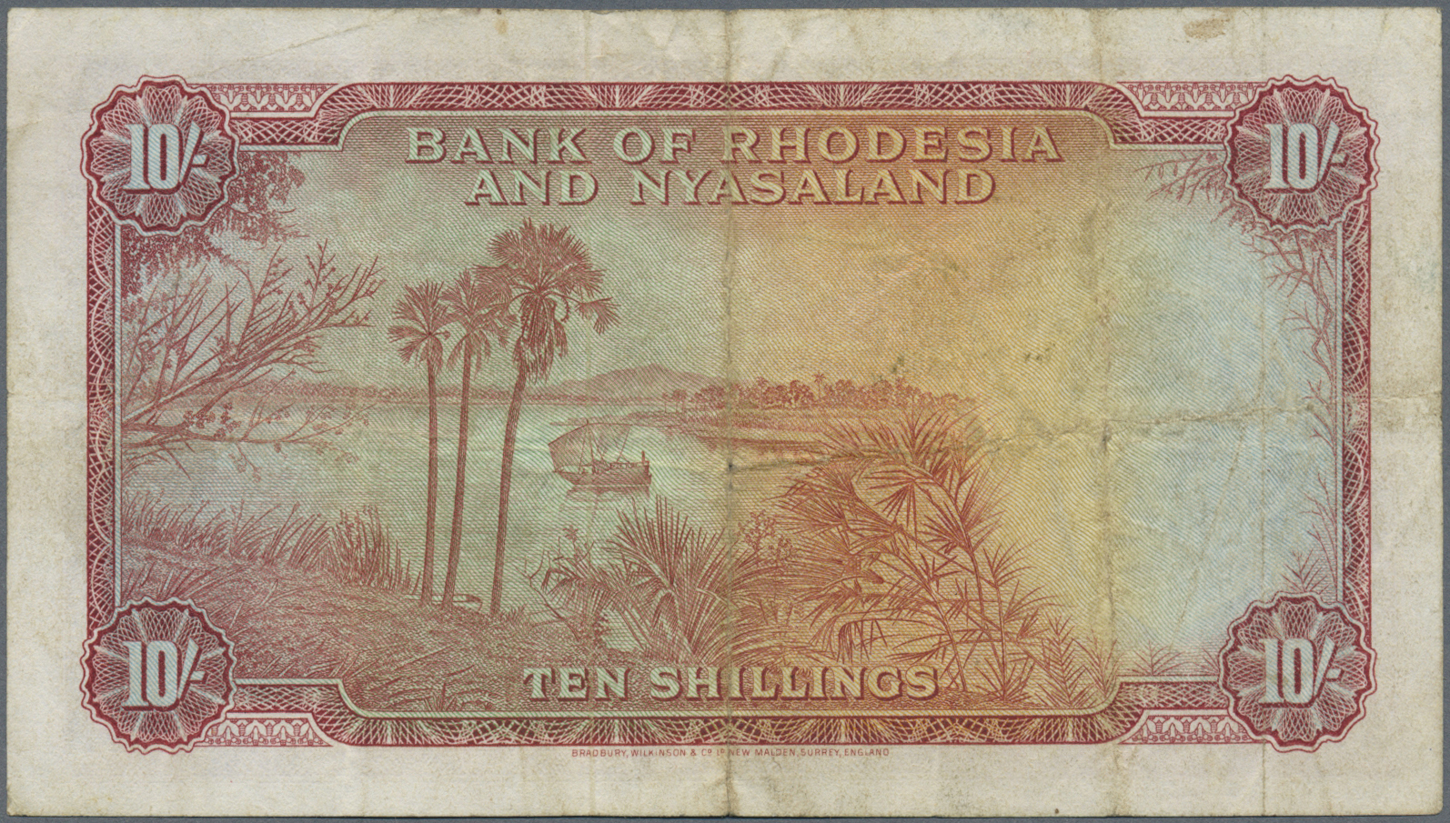 02028 Rhodesia & Nyasaland: 10 Shillings 1961 P. 20, Used With Stronger Folds, Stain In Paper, One Minor Hole, Condition - Rhodesia