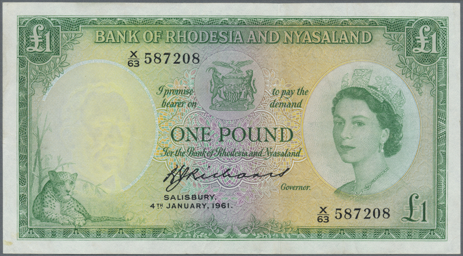02032 Rhodesia & Nyasaland: 1 Pound 1961 P. 21b In Exceptional Condition, Light Vertical And One Verly Light Corner Fold - Rhodesia