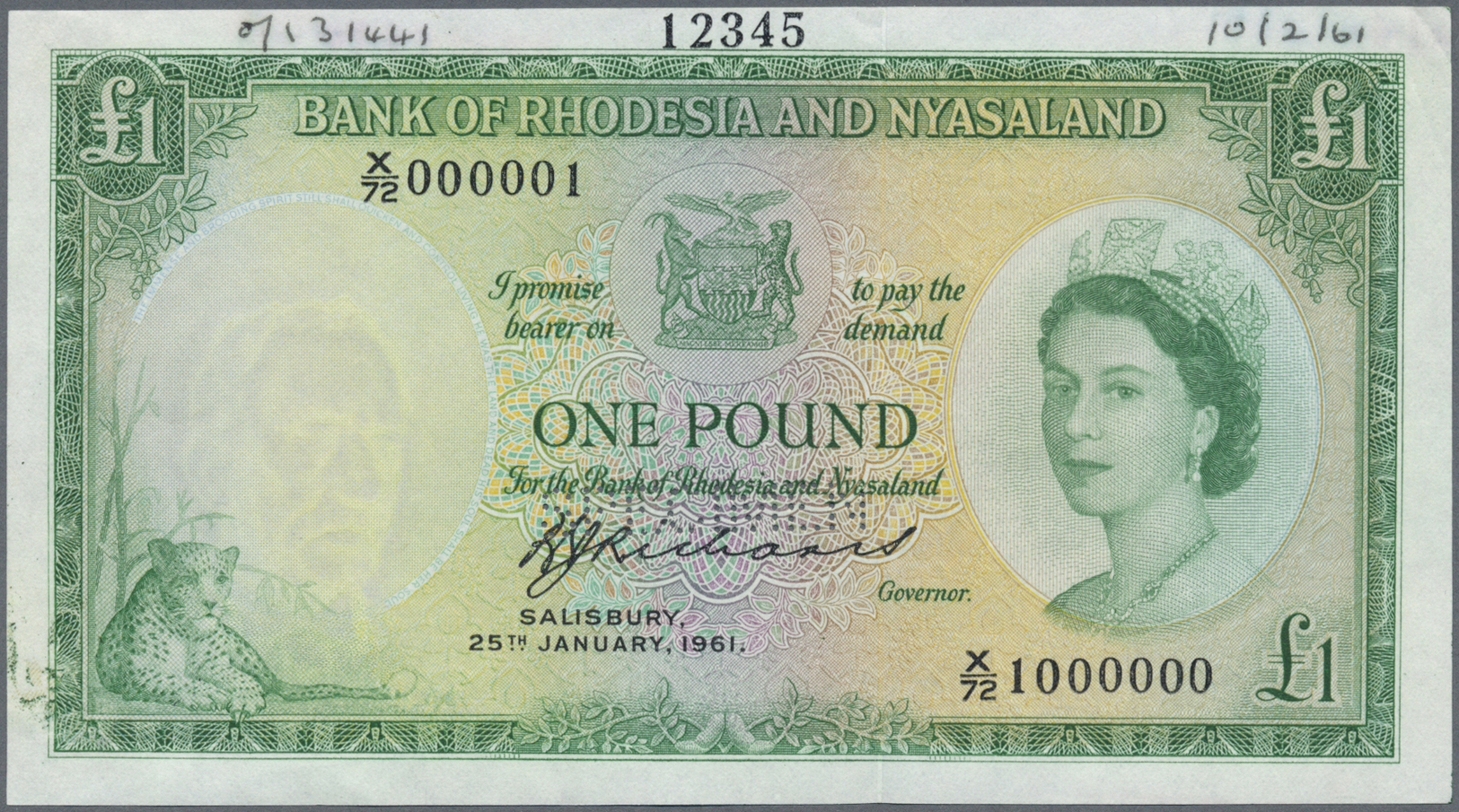 02033 Rhodesia & Nyasaland: 1 Pound January 25th 1961 SPECIMEN, P.21bs With Perforation Specimen At Lower Center, Serial - Rhodesia