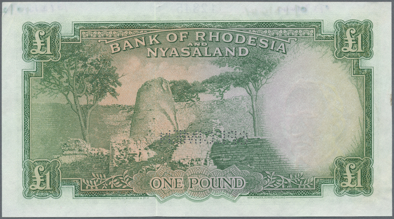 02033 Rhodesia & Nyasaland: 1 Pound January 25th 1961 SPECIMEN, P.21bs With Perforation Specimen At Lower Center, Serial - Rhodesia