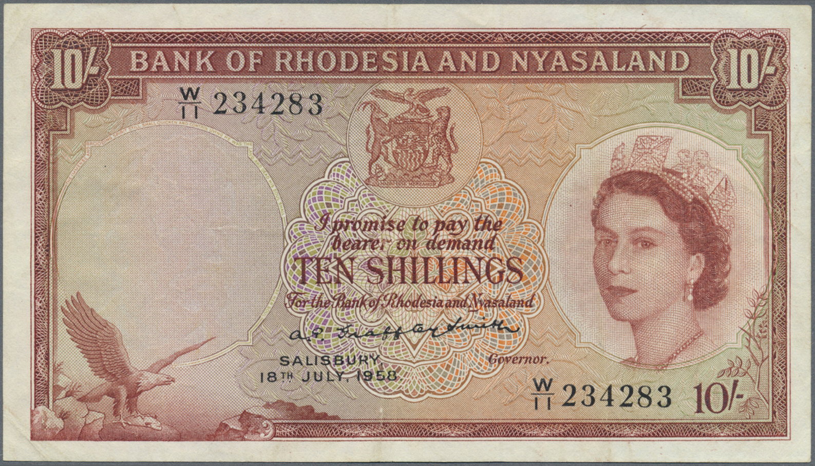 02034 Rhodesia & Nyasaland: 10 Shillings 1958 P. 20b, Light Folds In Paper But No Holes Or Tears, Not Washed Or Presed, - Rhodesia