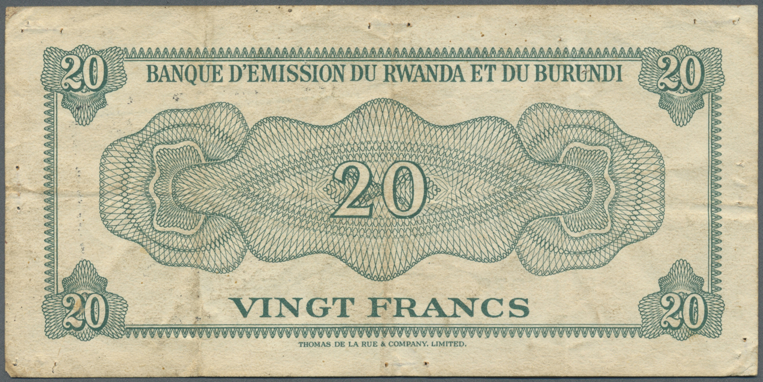 02823 Rwanda / Ruanda: 20 Francs 1960 From Rwanda-Burundi Re-valued For Rwanda With A Stamp Of 1961, P. 1, Used With Sev - Rwanda